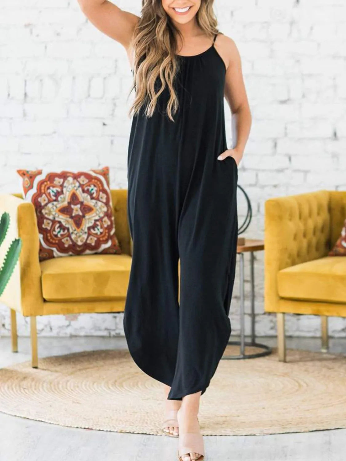 Slit Spaghetti Strap Jumpsuit - Black
