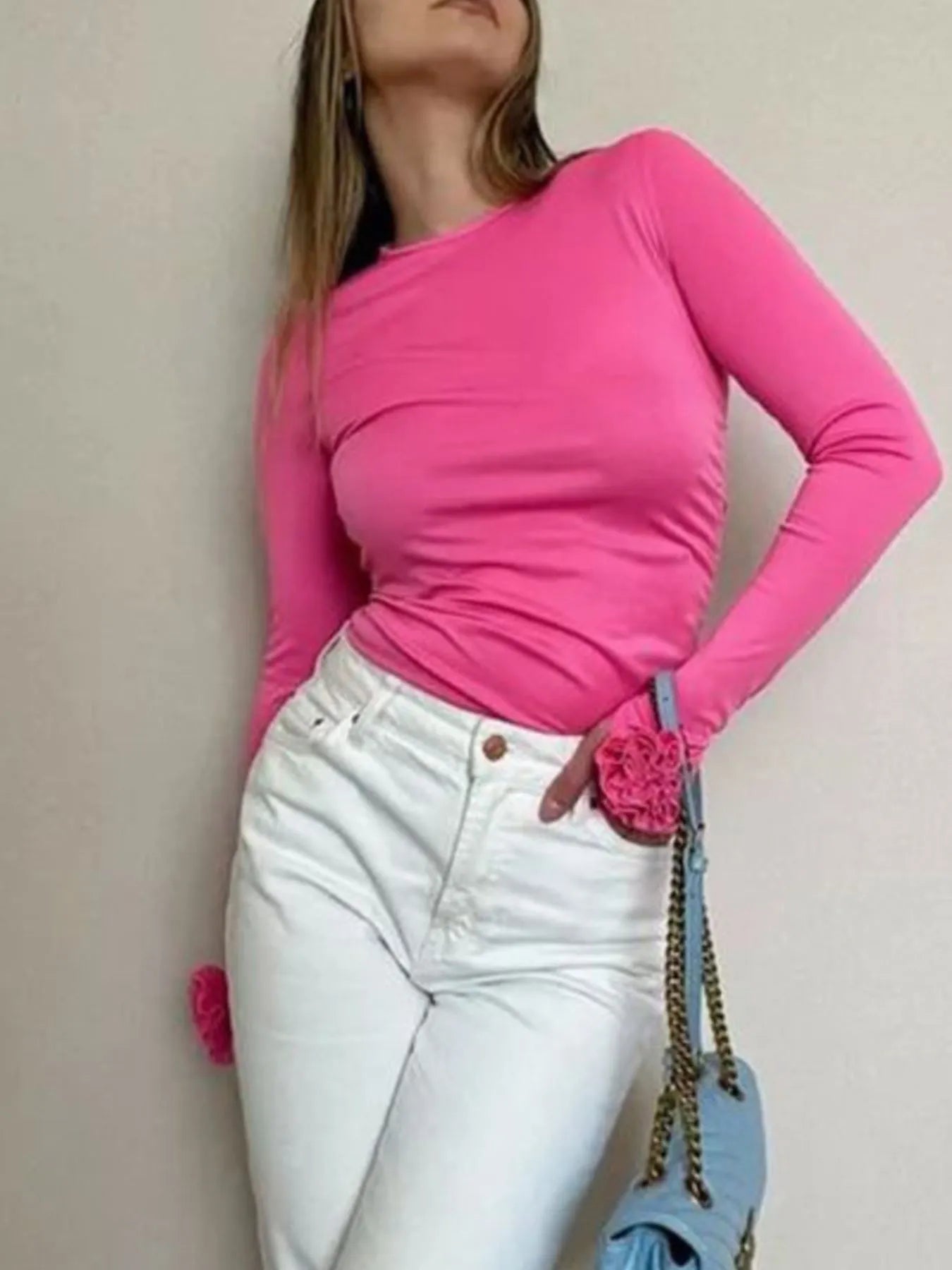 Flower Round Neck Long Sleeve T-Shirt - Hot Pink