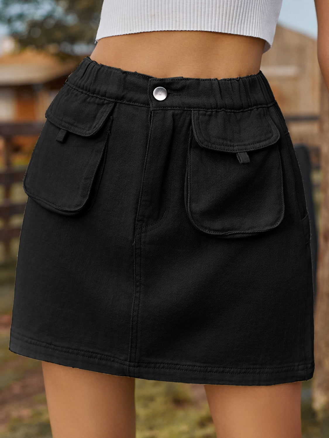 Pocketed Elastic Waist Denim Skirt - Black