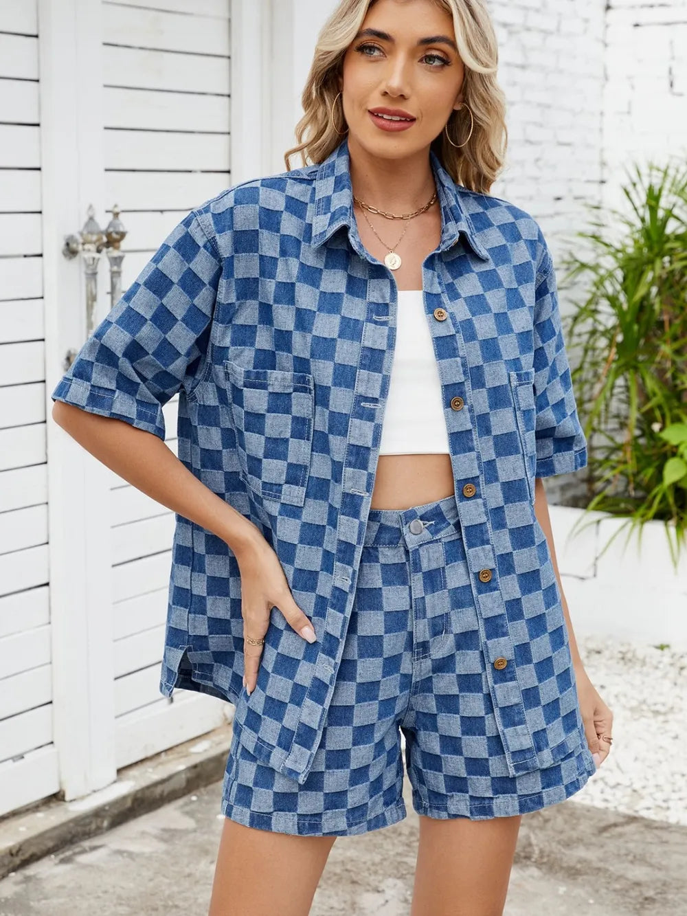Checkered Shirt and Shorts Denim Set -