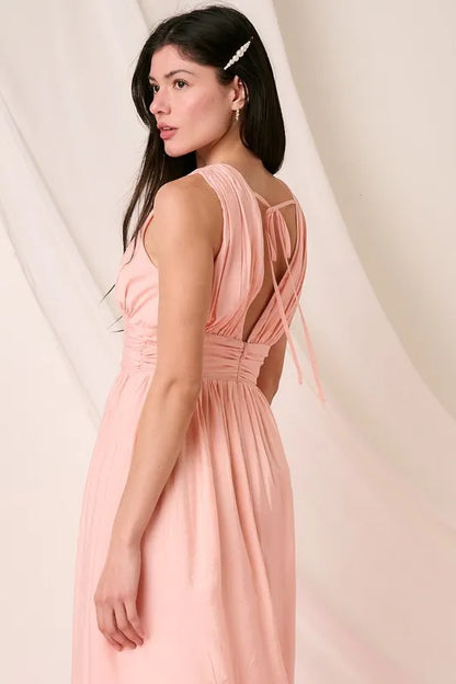 Ruched V-Neck Sleeveless Midi Dress -