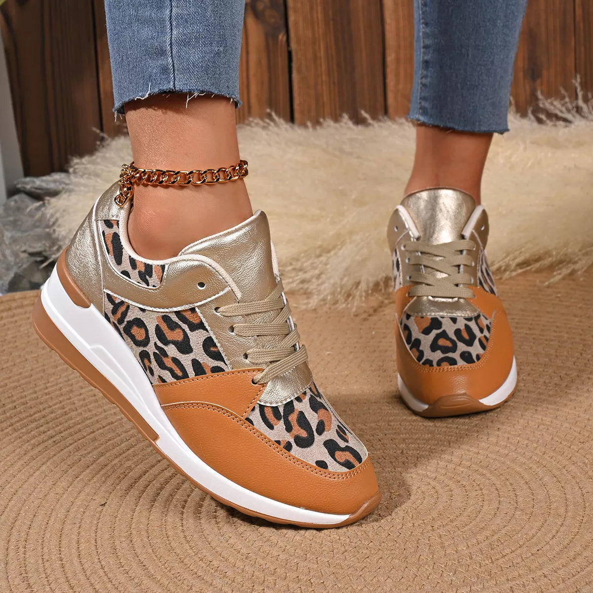 Leopard Lace Up Sneakers - Yellow