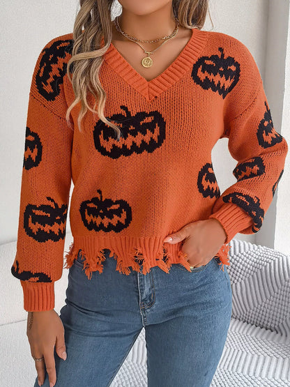 Pumpkin Pattern Raw Hem V-Neck Sweater - Orange