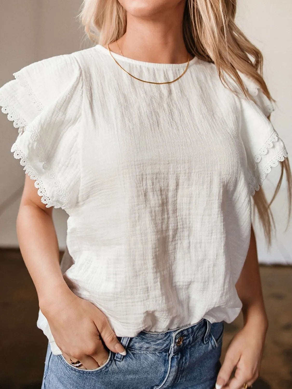 Crinkled Layered Ruffled Flutter Sleeve Blouse -