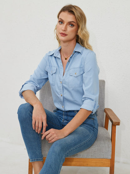 Pocketed Button Up Long Sleeve Denim Shirt - Light