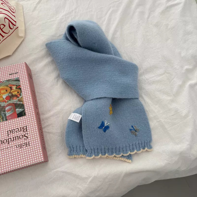 Butterfly Embroidered Knitted Scarf - Blue One Size