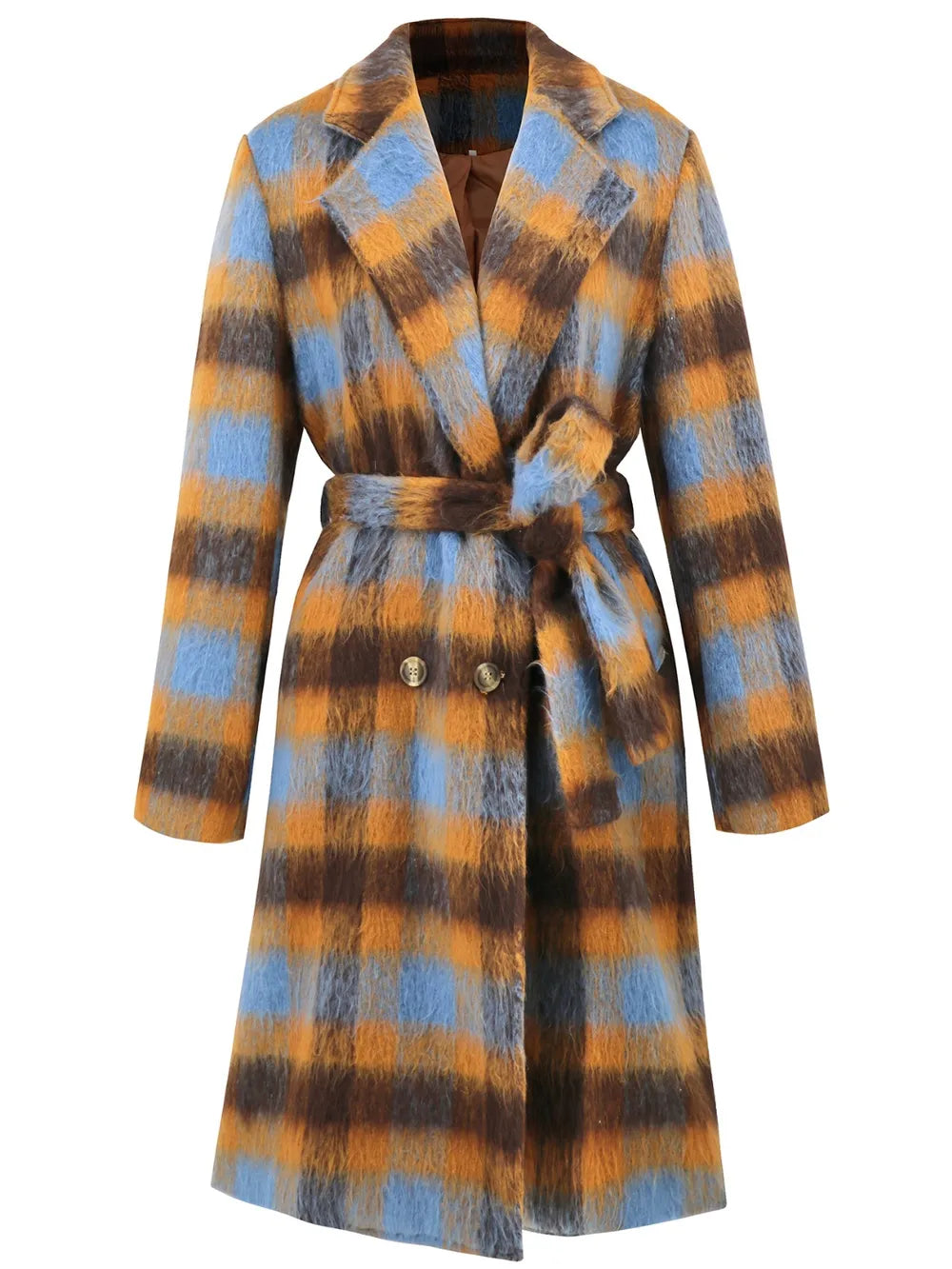 Tied Plaid Collared Neck Coat - Light Blue