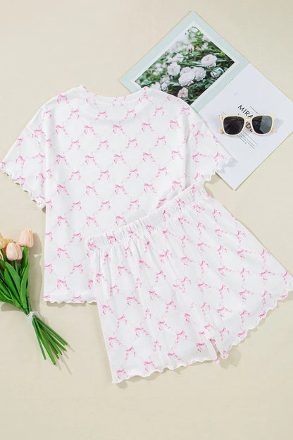 Bow Print Round Neck Top and Shorts Lounge Set -