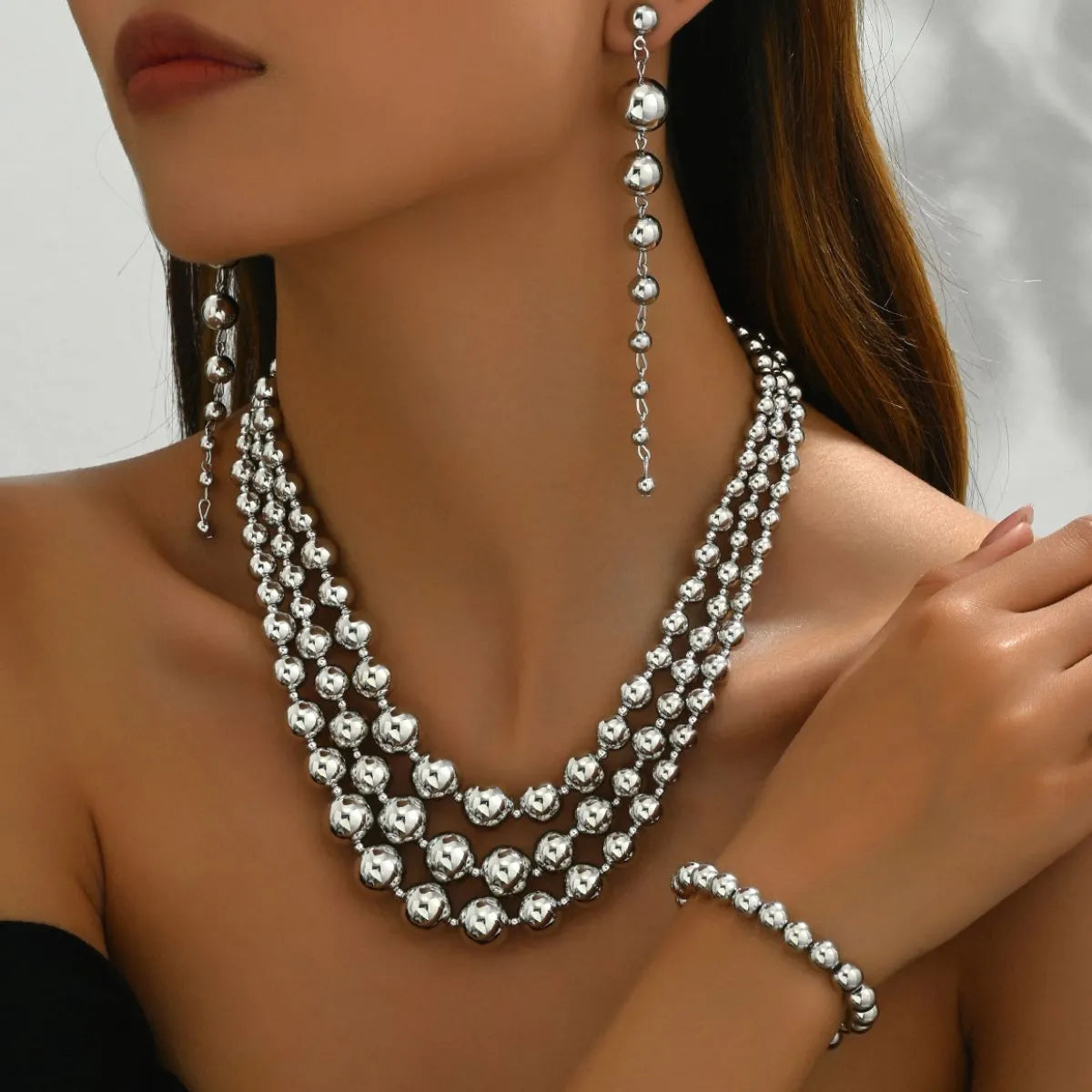 Beaded Multi-Layered Necklace Bracelet Earrings Jewelry Set -