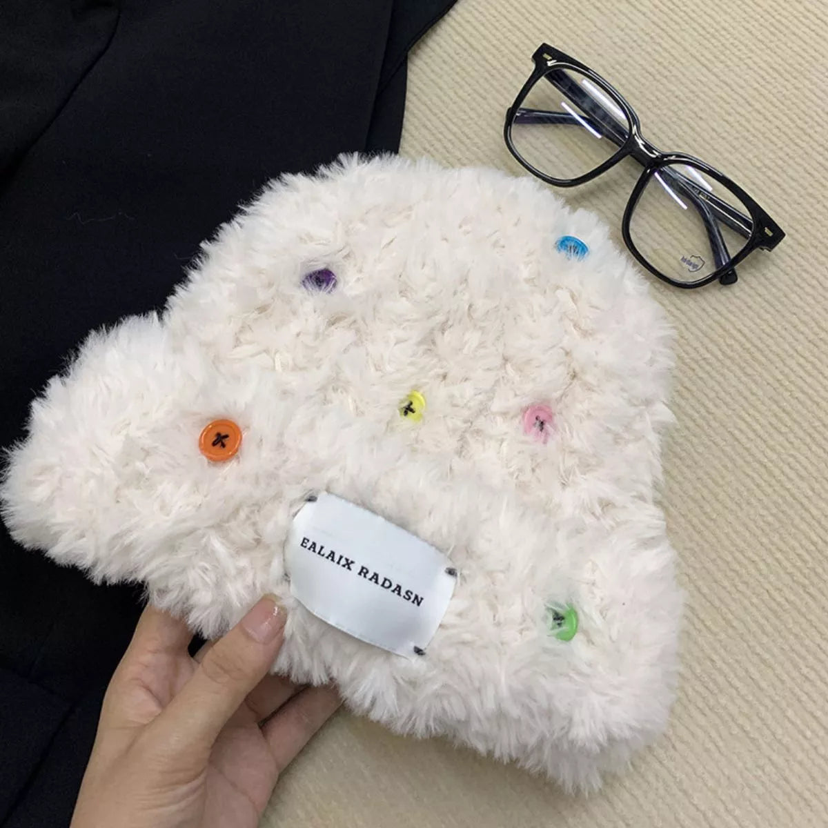 Colorful Buttons Decor Plush Beanie Hat -