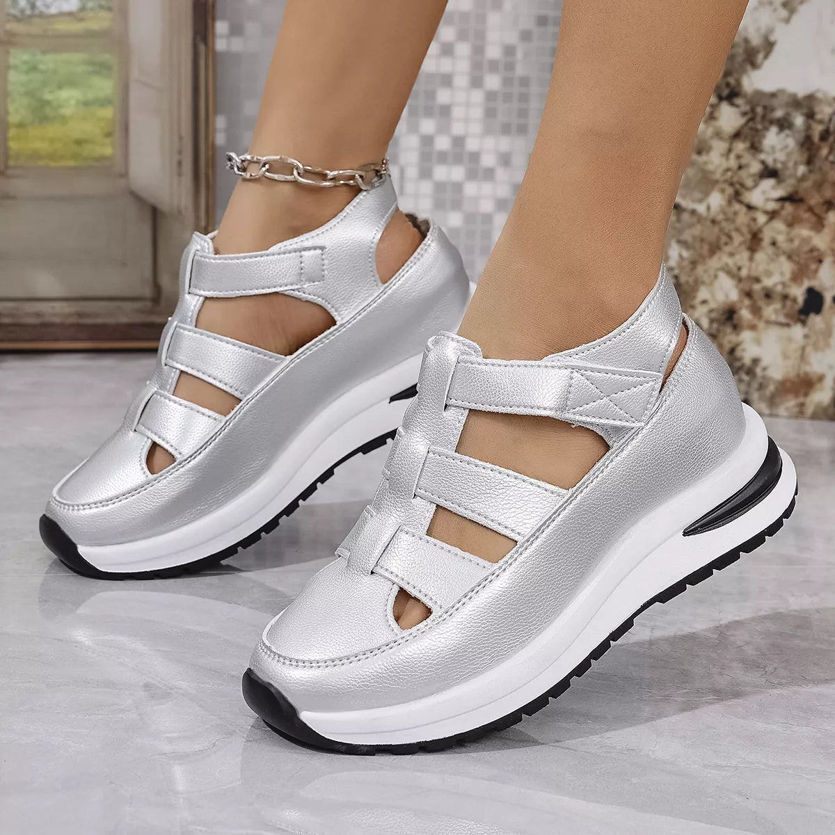 Cutout Wedge Velcro Sandals -