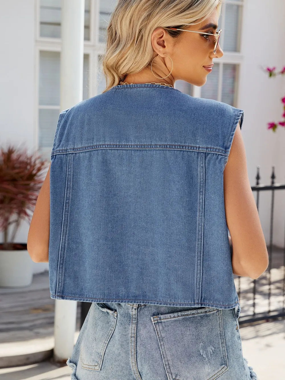 Pocketed Button Up Sleeveless Denim Jacket -