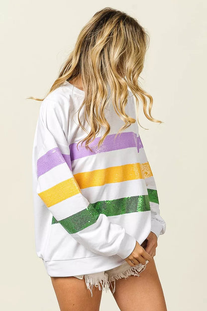 Sequin Mardi Gras Striped Round Neck Sweatshirt -