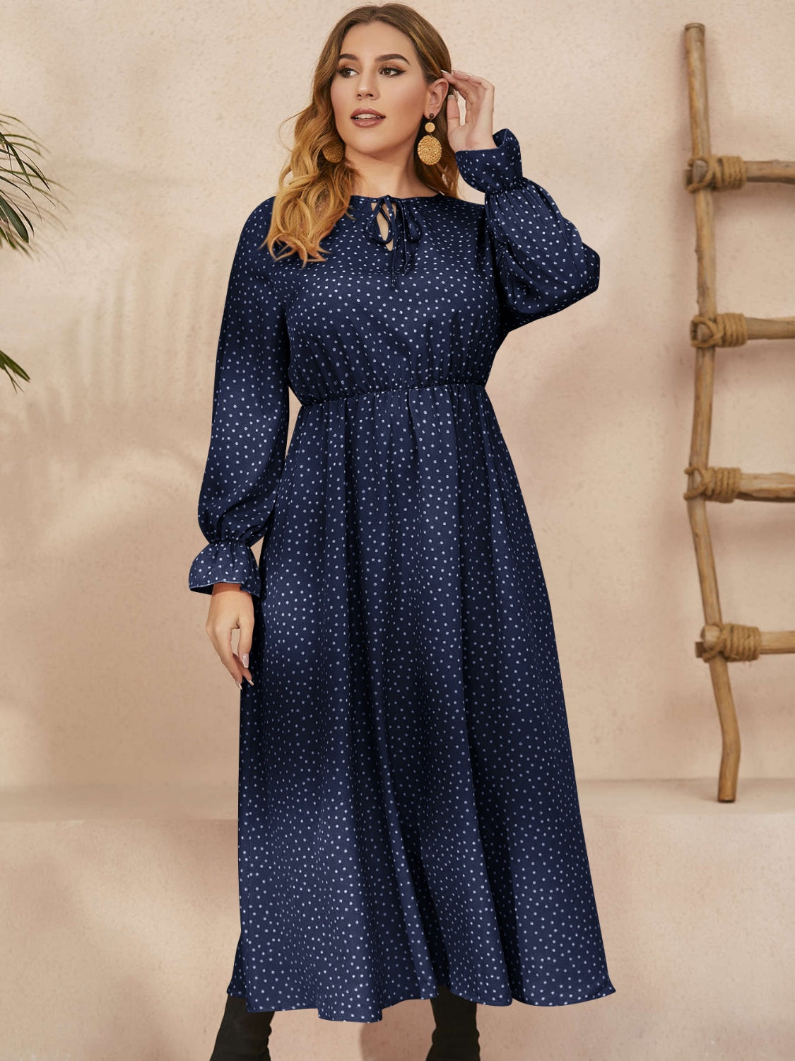 Plus Size Ruffled Polka Dot Long Sleeve Midi Dress - Navy