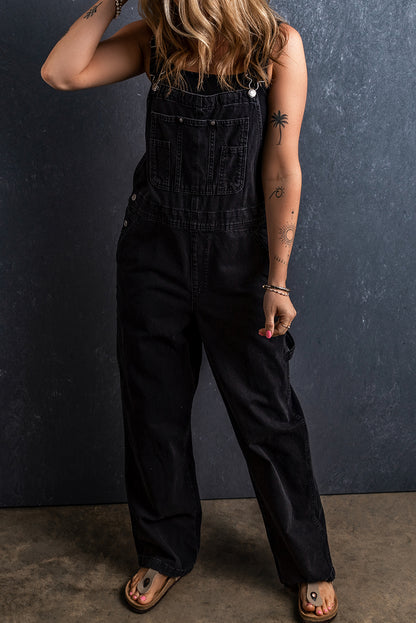 Pocketed Straight Denim Overalls - Black