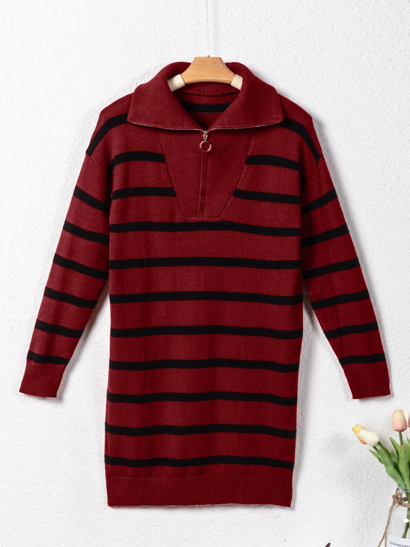 Striped Collared Loose Sweater Mini Dress -