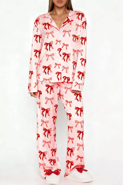 Bow Print Top and Wide Leg Pants Lounge Set - Pink