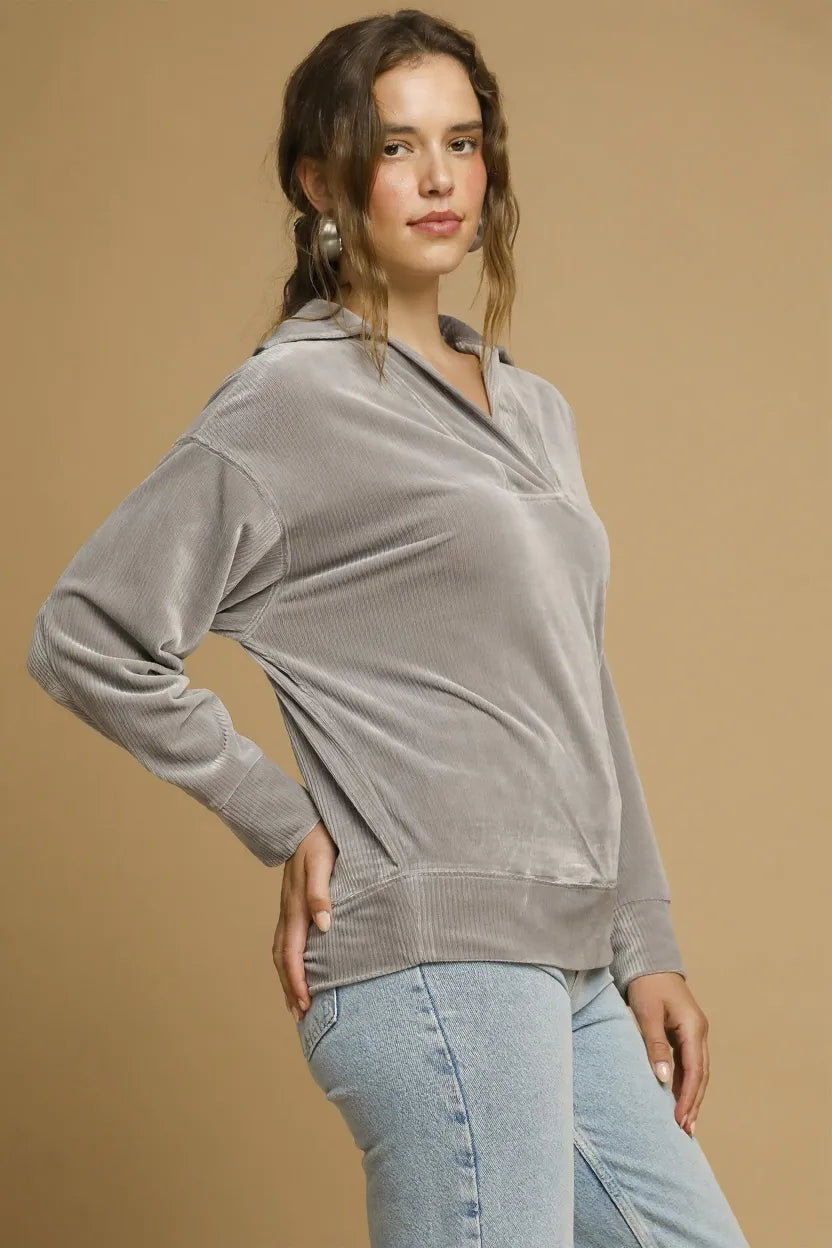 Soft Thermal Collared Long Sleeve Top - Grey