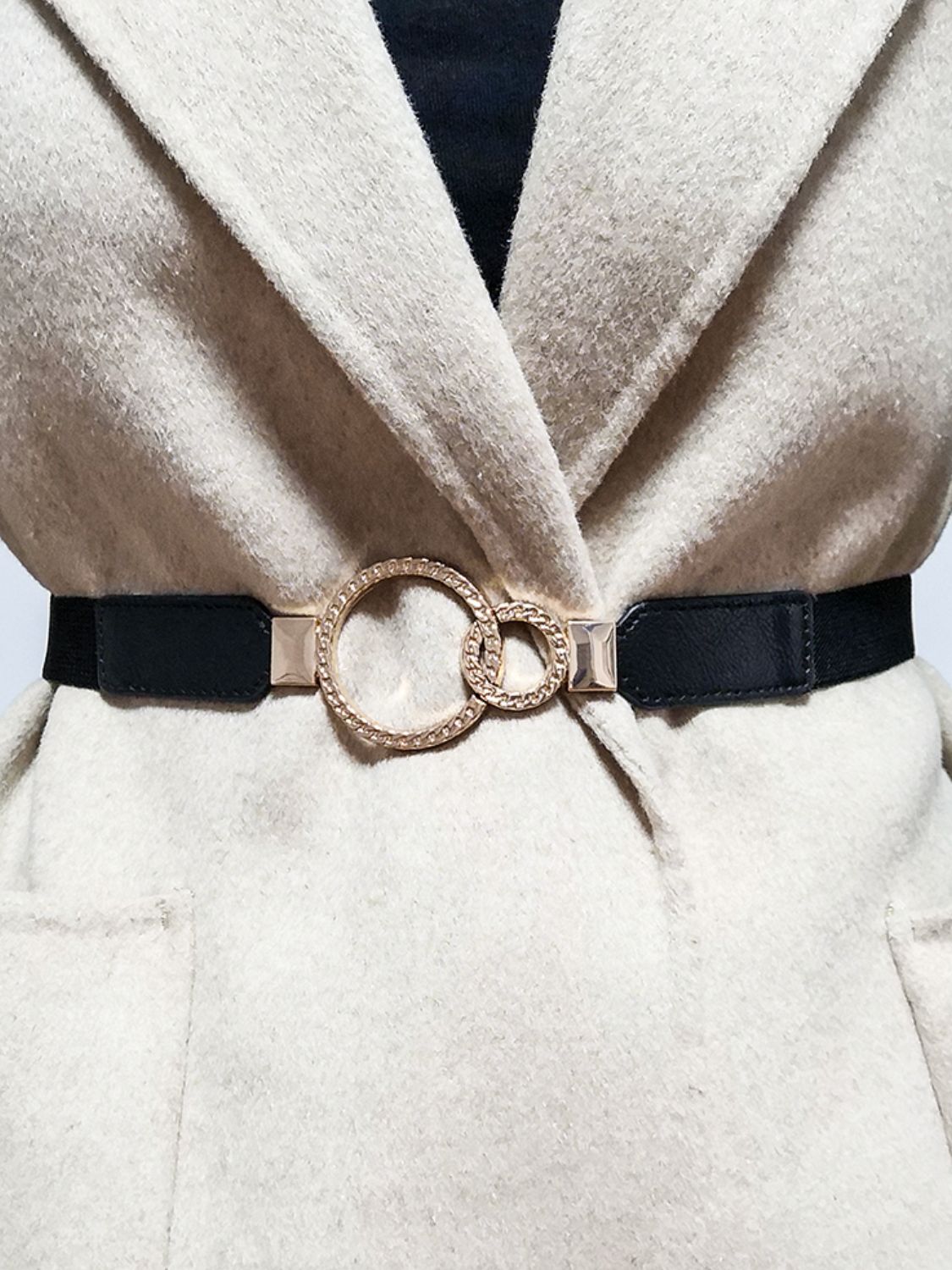 Double Ring Buckle Elastic PU Belt - Black Pattern Buckle One Size