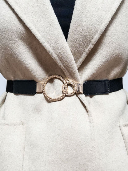 Double Ring Buckle Elastic PU Belt - Black Pattern Buckle One Size