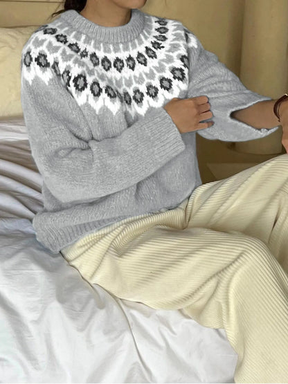 Nordic Fair Isle Pattern Round Neck Sweater -