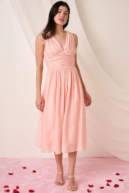 Ruched V-Neck Sleeveless Midi Dress -