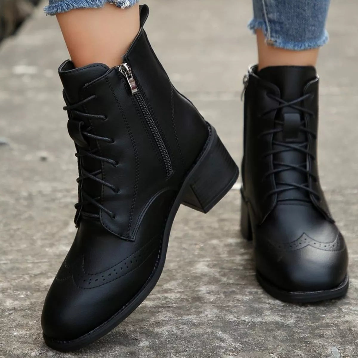 Lace-Up Ankle Boots with Zipper - Black