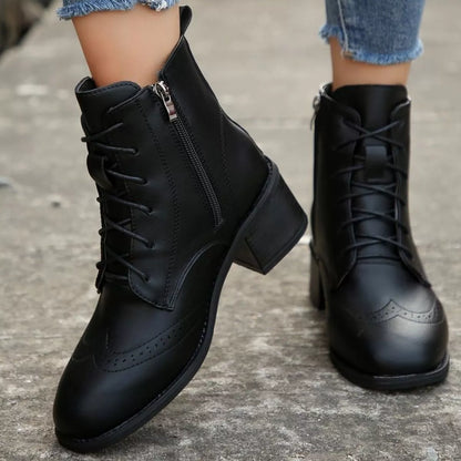 Lace-Up Ankle Boots with Zipper - Black