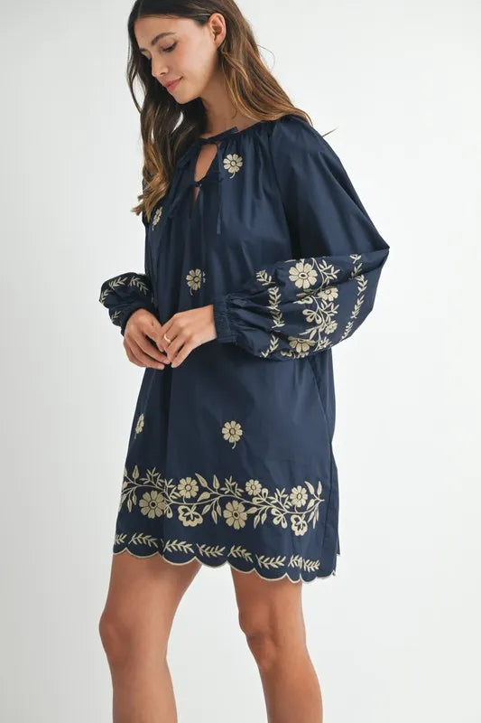 Embroidered Long Sleeve Peasant Mini Dress -