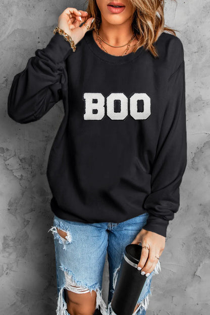 BOO Round Neck Long Sleeve Sweatshirt - Black