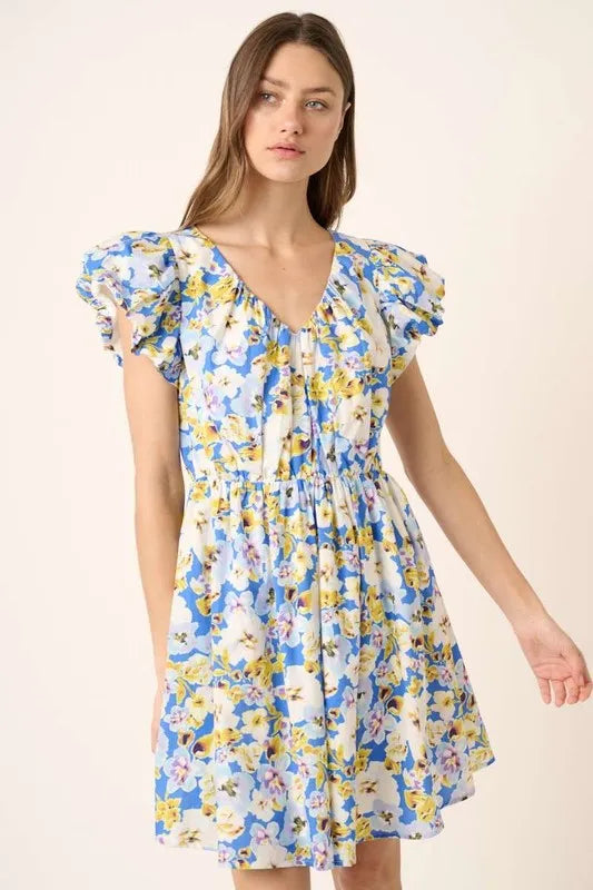 Floral V-Neck Cap Sleeve Mini Dress -