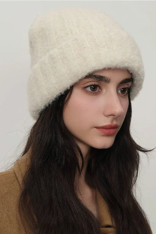 Solid Color Thermal Knit Hat - Cream One Size