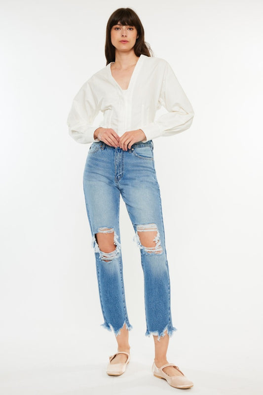 Distressed Frayed Hem Cropped Jeans - Medium