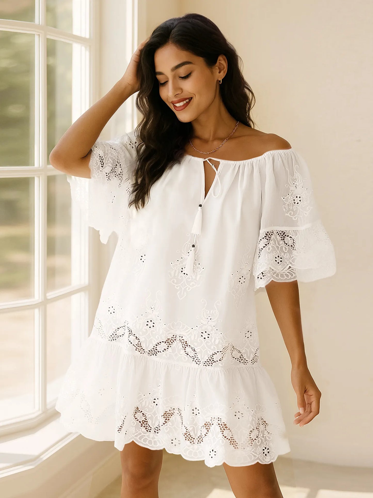 Eyelet Embroidered Tassel Tie Neck Dress - White