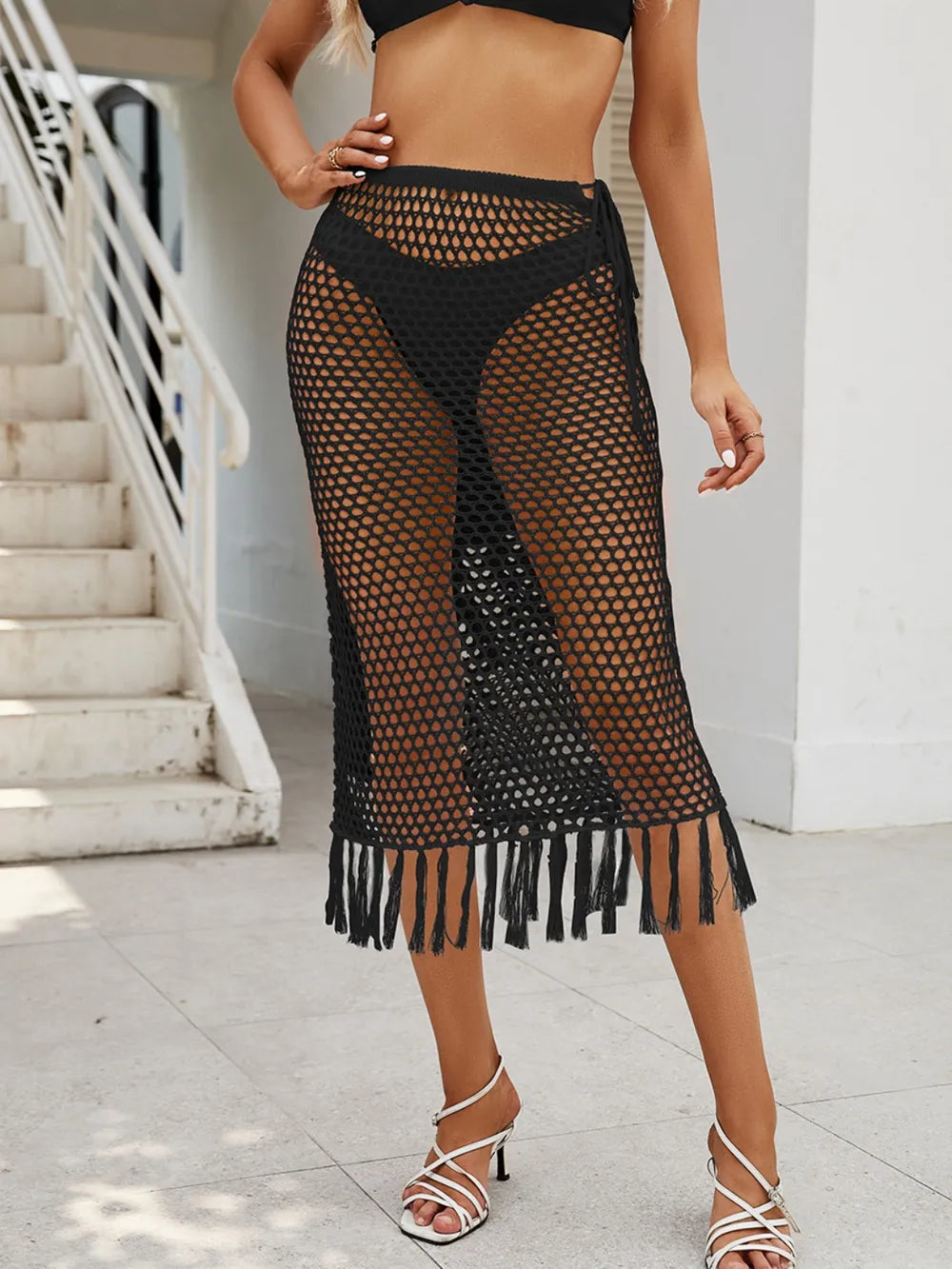 Fringe Openwork High Waist Swim Skirt - Black