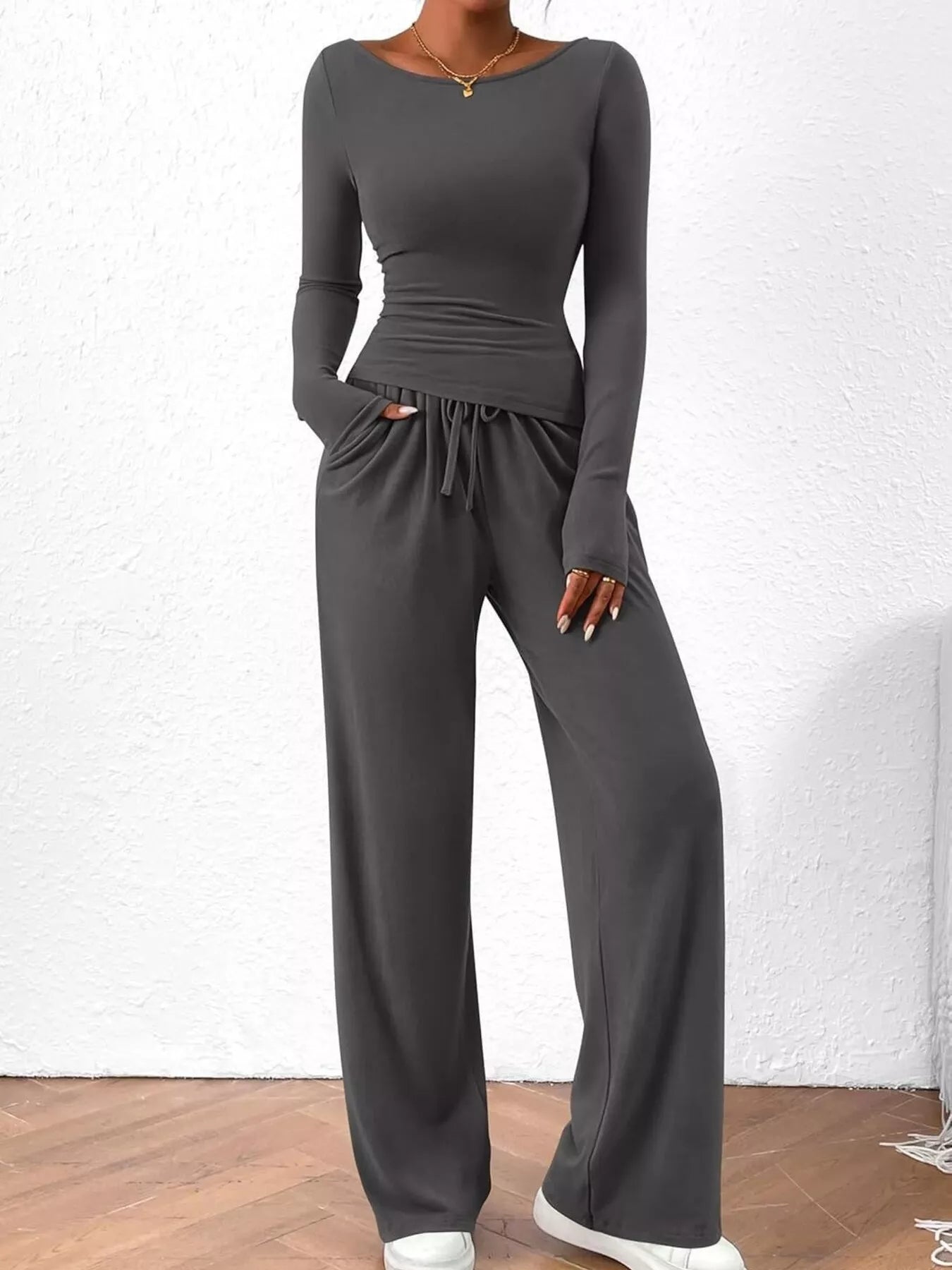 Long Sleeve Top and Wide Leg Pants Set -
