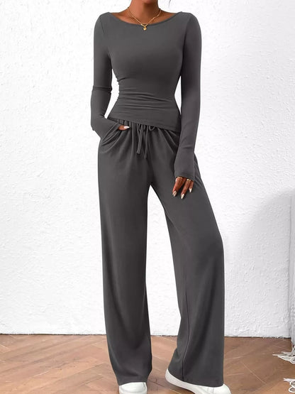 Long Sleeve Top and Wide Leg Pants Set -