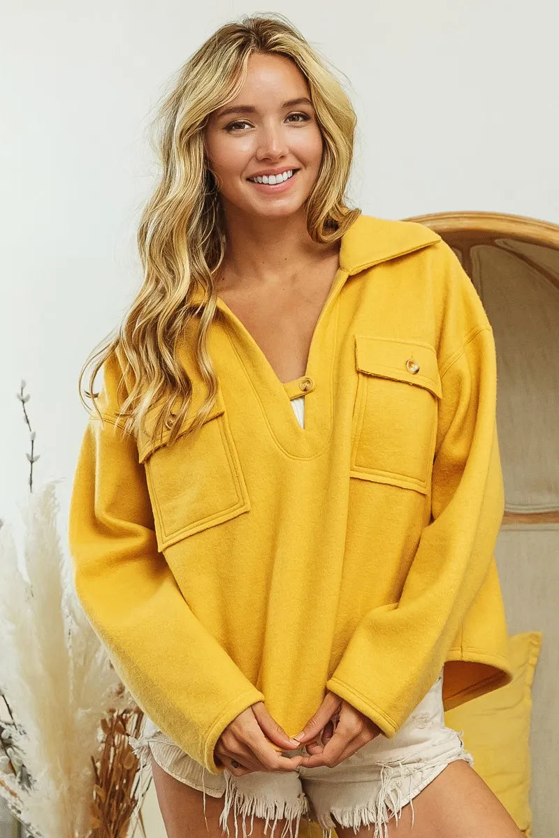Flap Pockets Fleece Collared Sweatshirt -