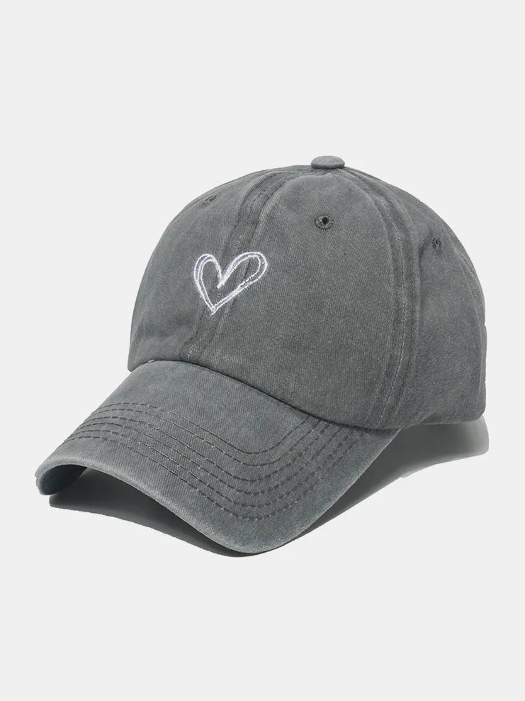 Embroidered Heart Washed Cotton Baseball Cap - Gray One Size