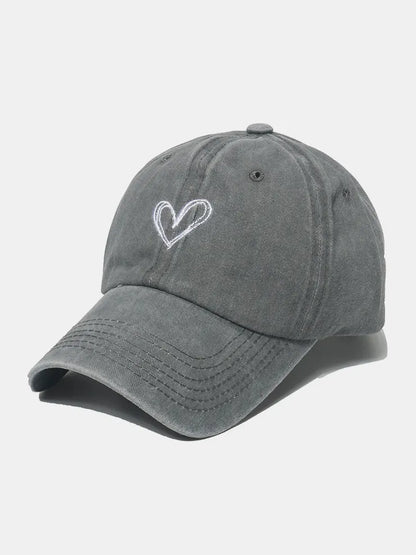 Embroidered Heart Washed Cotton Baseball Cap - Gray One Size