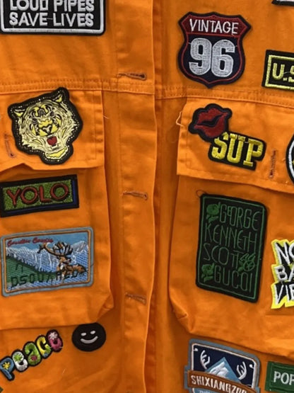 Embroidered Patch Button Up Denim Jacket -