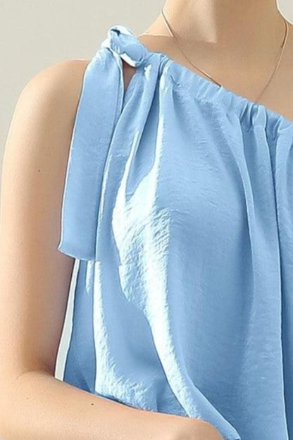 One Shoulder Bow Tie Strap Satin Silk Top - Blue