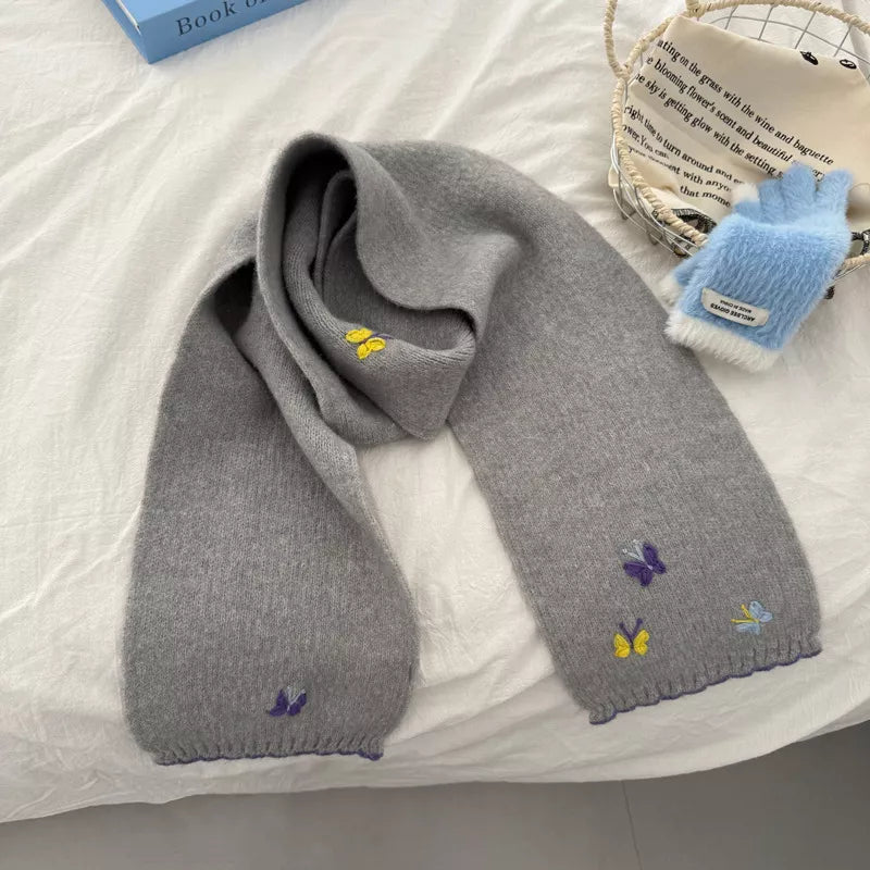 Butterfly Embroidered Knitted Scarf - Gray One Size