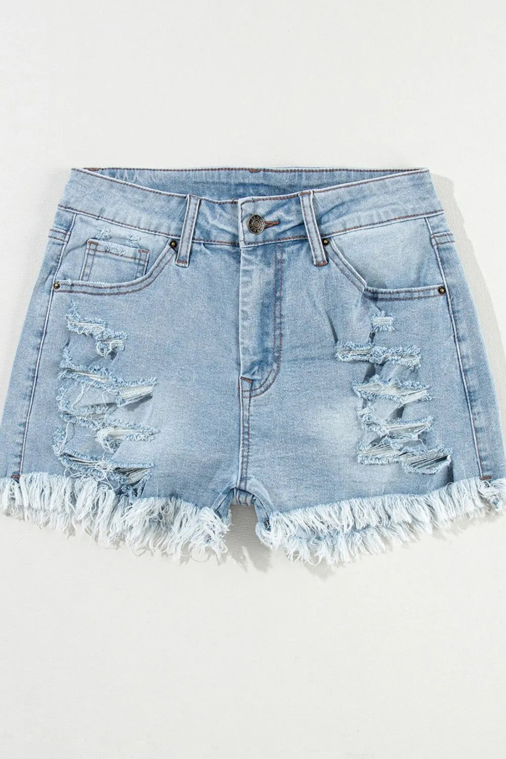 Distressed Raw Hem High Waist Denim Shorts -