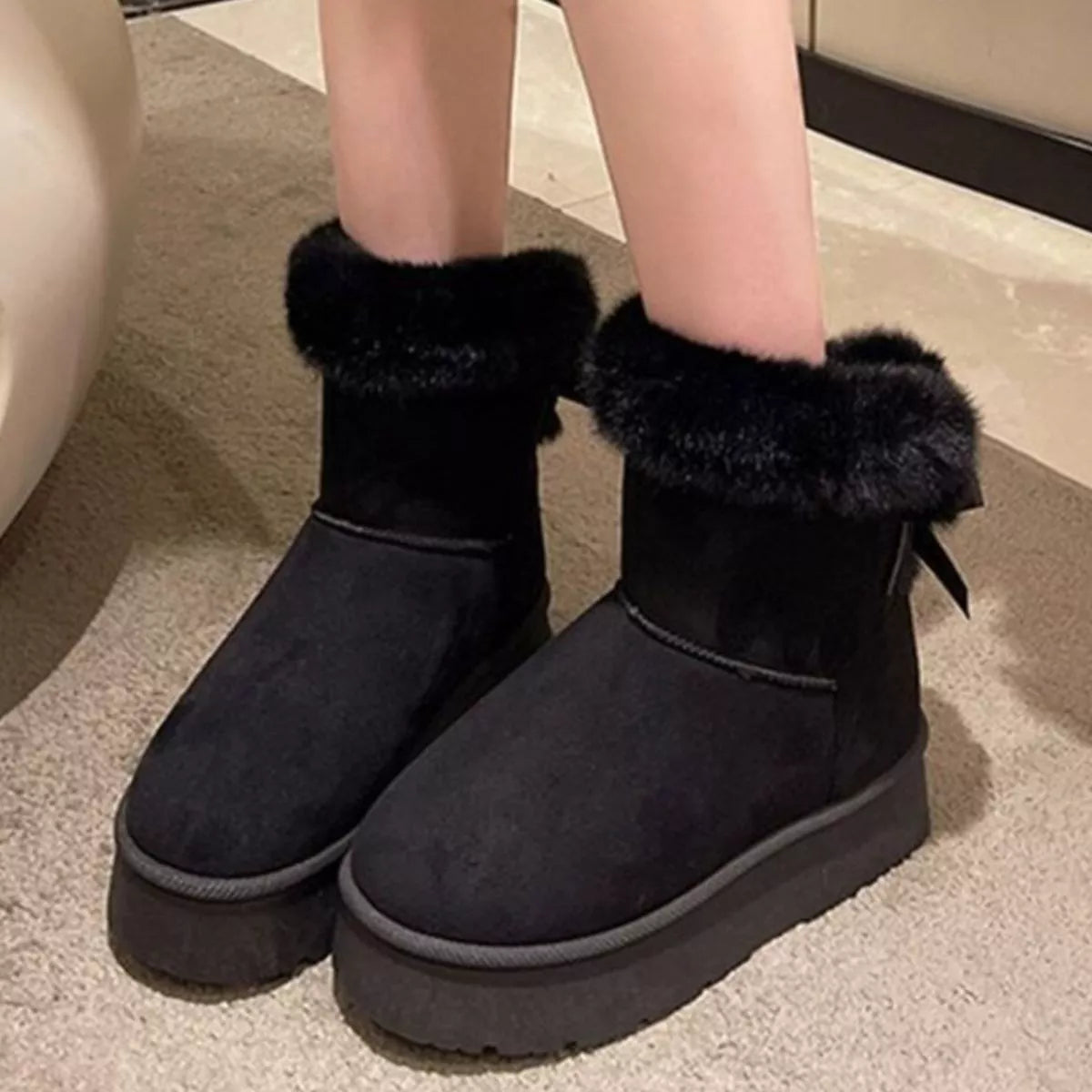 Round Toe Fuzzy Boots - Black