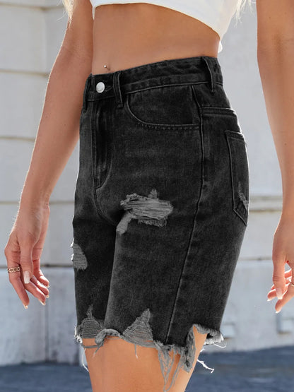 Distressed Raw Hem Denim Shorts -