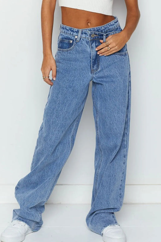 Mid Rise Asymmetrical Waist Wide Leg Jeans - Medium Wash