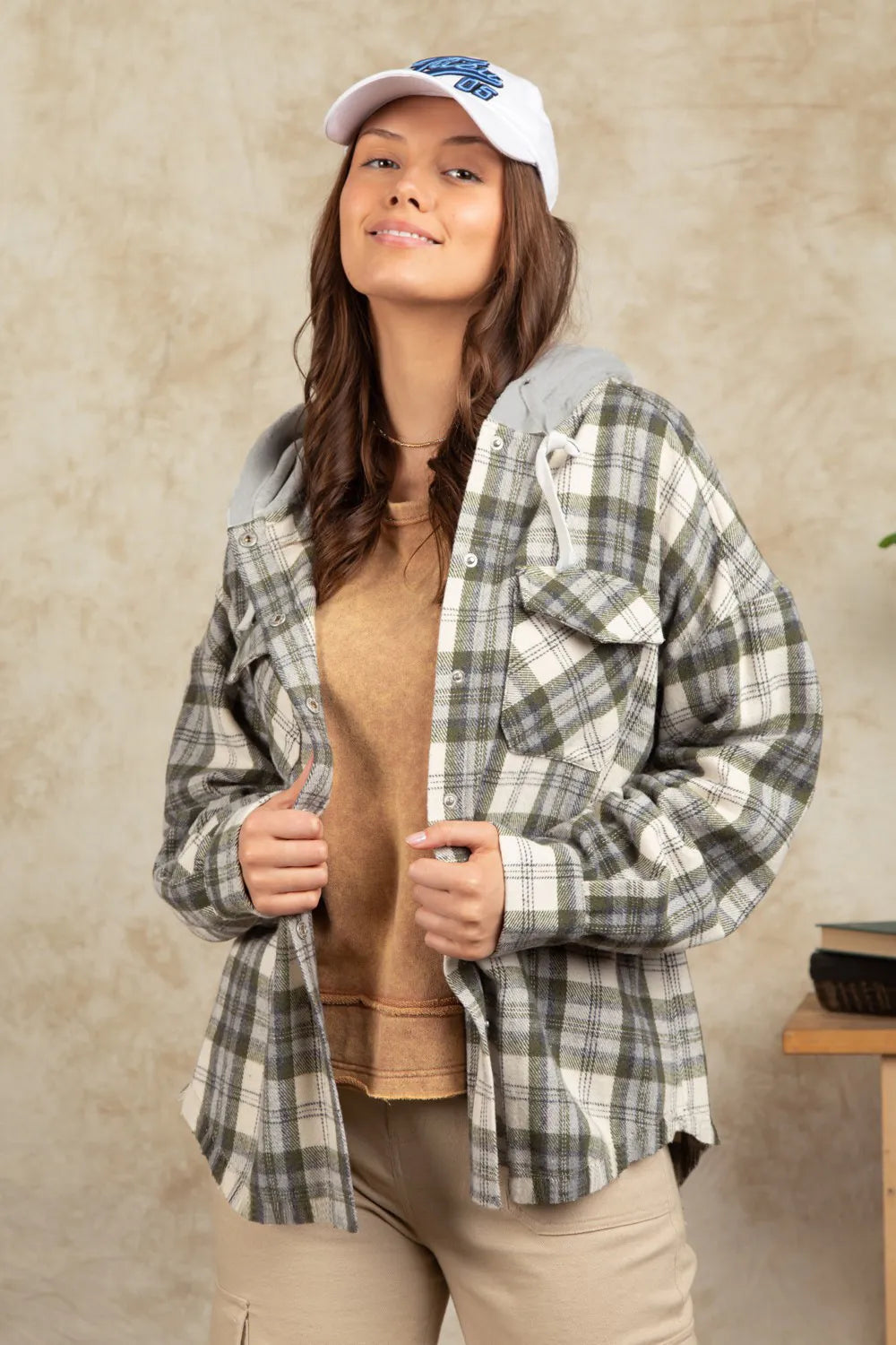 Drawstring Plaid Long Sleeve Hooded Jacket - Sage