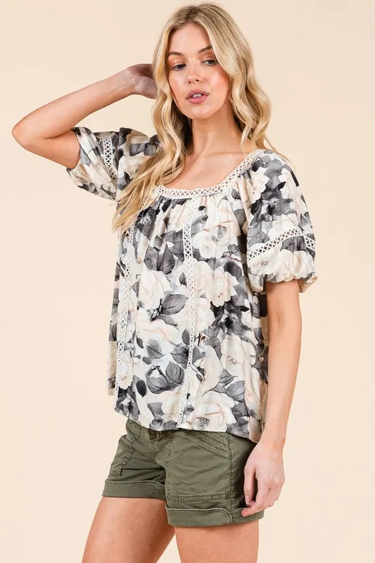 Floral Print Lace Trim Puff Sleeve Blouse -