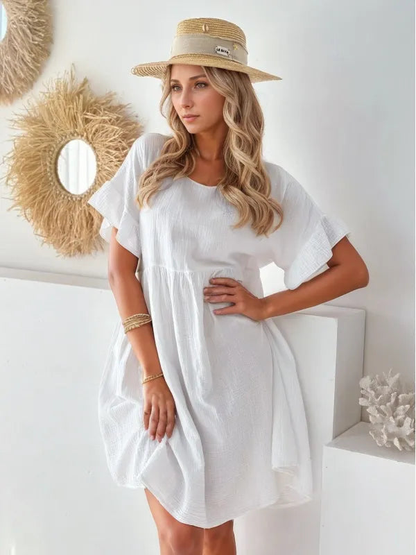 Round Neck Short Sleeve Mini Dress - White